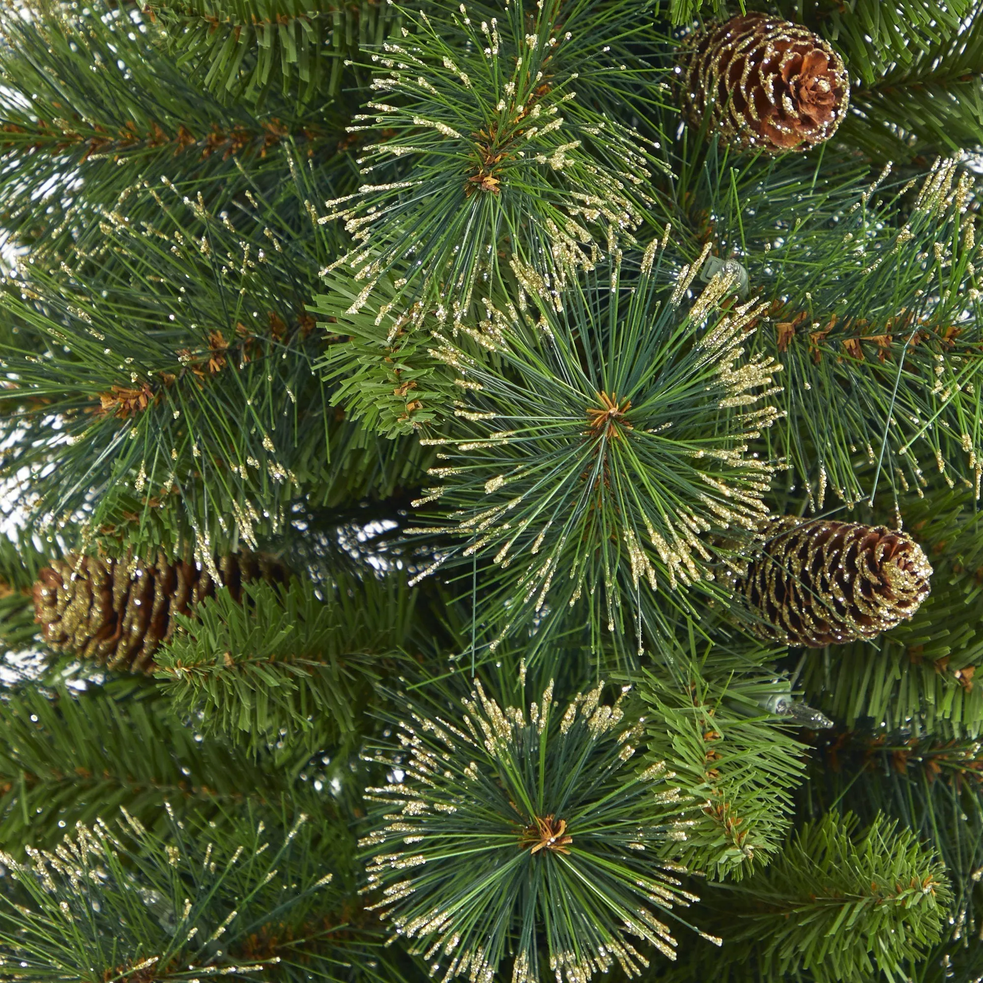 3.5’ Golden Tip Washington Pine Artificial Christmas Tree with 50 Clear Lights, Pine Cones and 148 Bendable Branches in Black Metal Planter