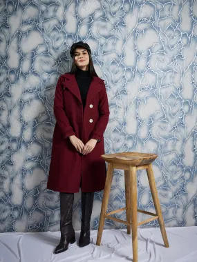 Athena Maroon Notched Lapel Collar Woollen Single Breasted Trench Coat