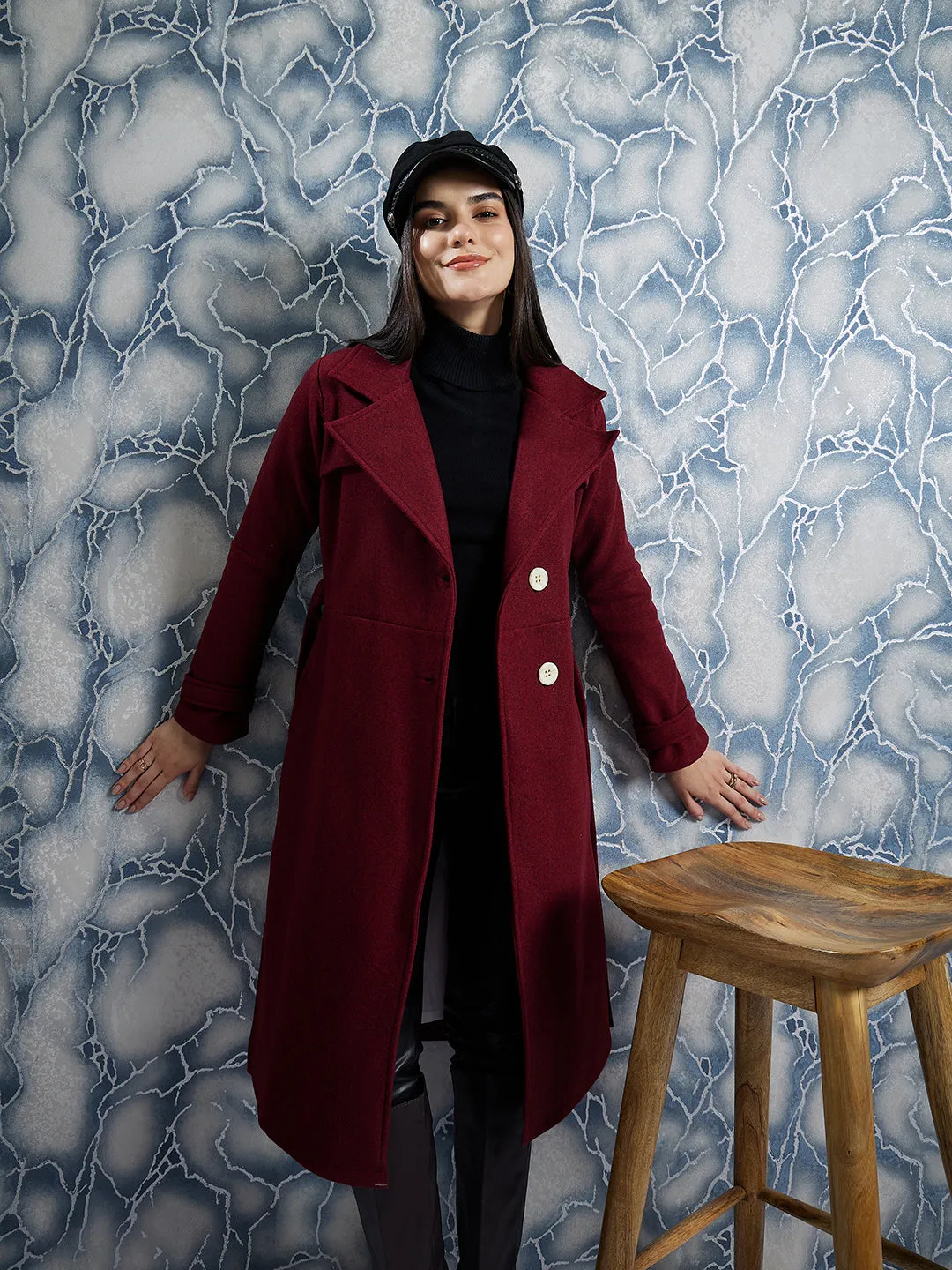 Athena Maroon Notched Lapel Collar Woollen Single Breasted Trench Coat