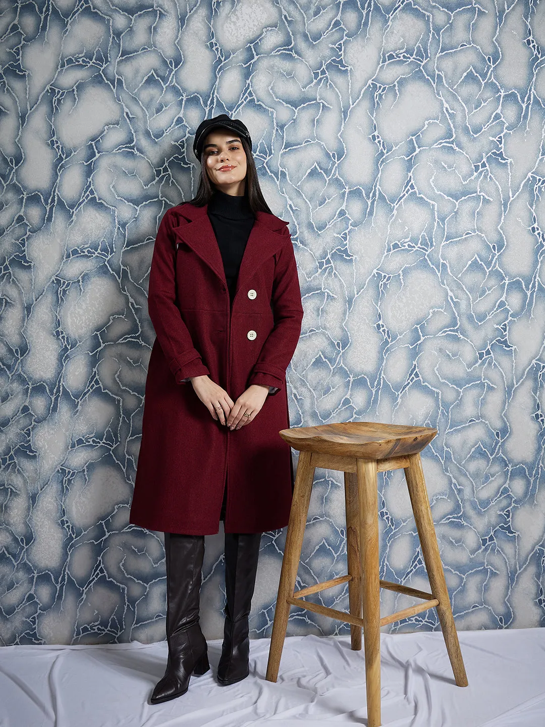 Athena Maroon Notched Lapel Collar Woollen Single Breasted Trench Coat