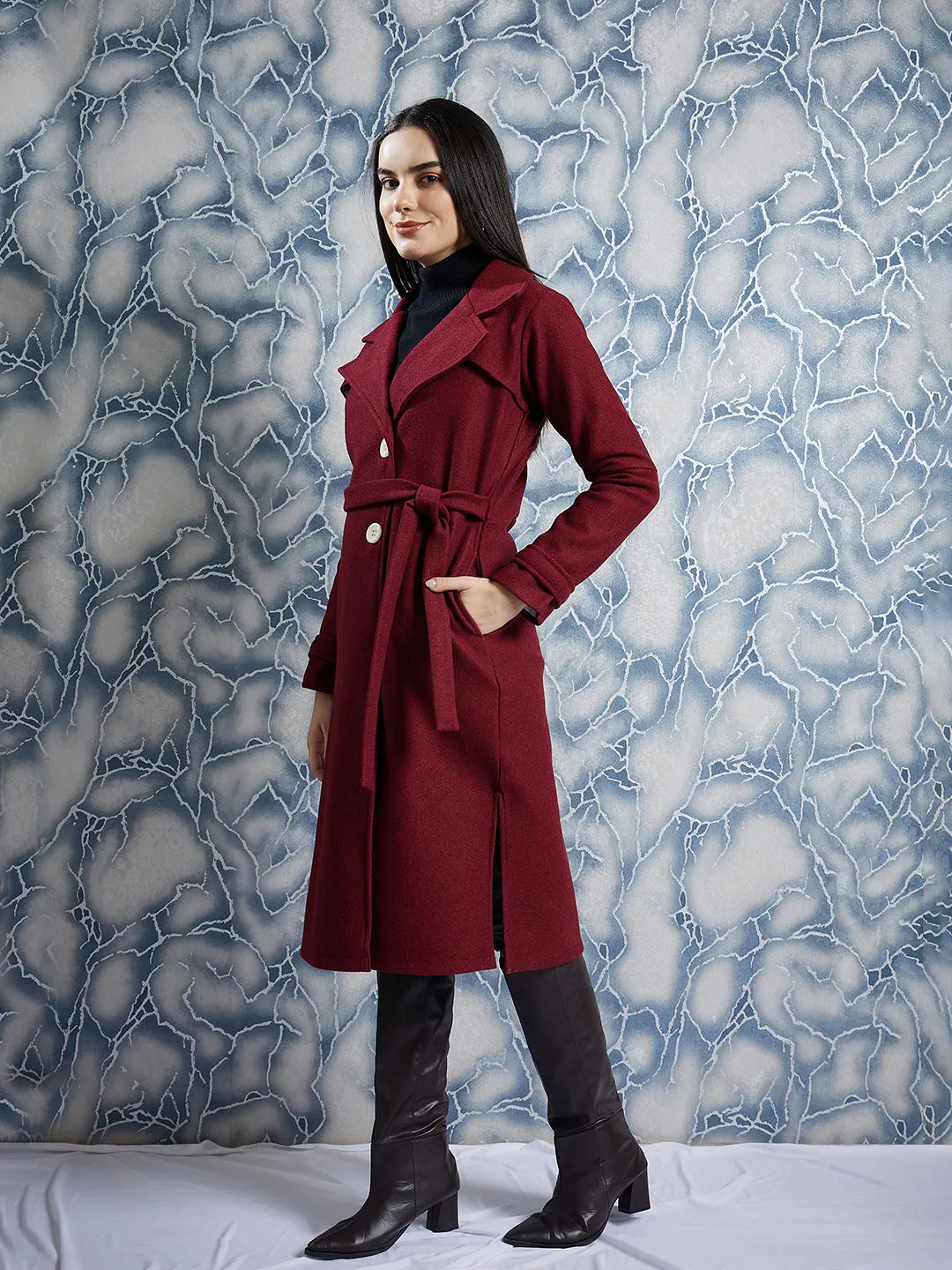 Athena Maroon Notched Lapel Collar Woollen Single Breasted Trench Coat
