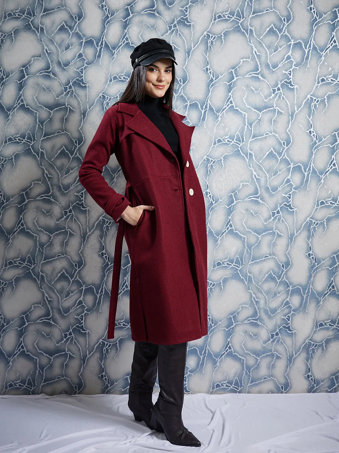 Athena Maroon Notched Lapel Collar Woollen Single Breasted Trench Coat