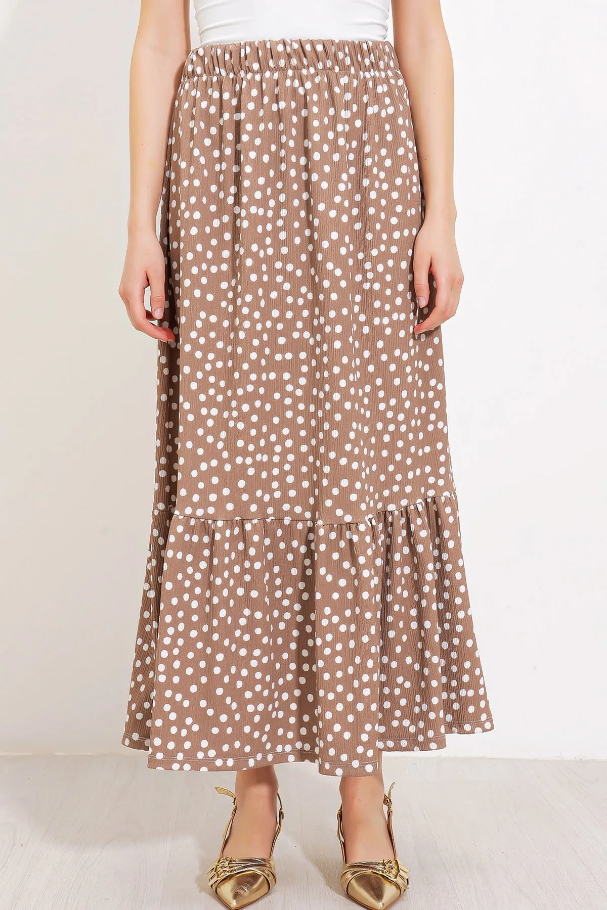 BGD Women Woman Beige White Polka Dot Long Knitted Skirt 1886 - Avondale