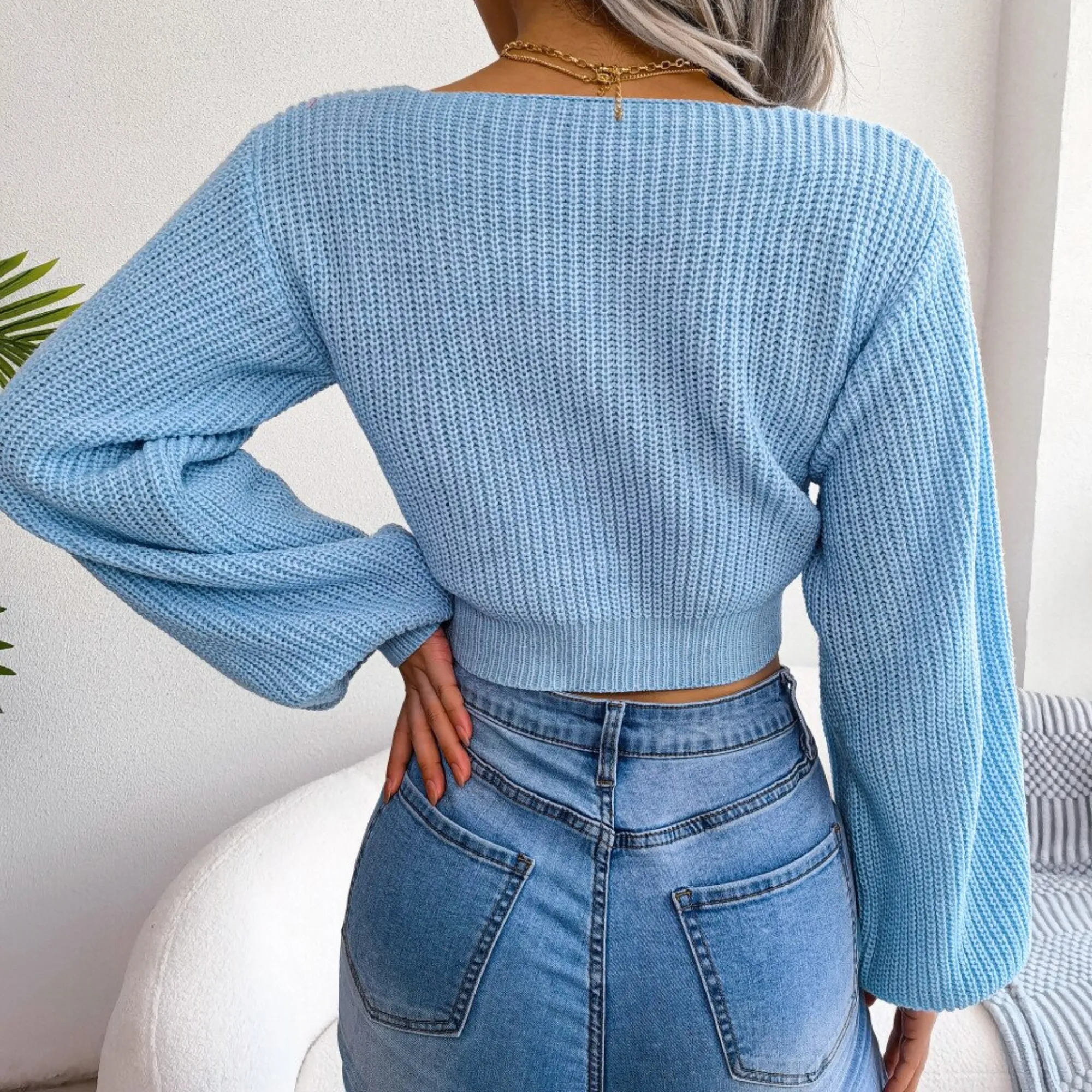Birdie - Blue V-Neck-Bow Cropped Top