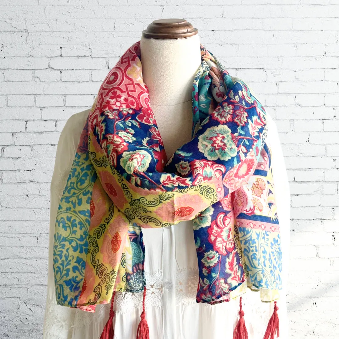 Bright Floral Boho Tassel Scarf