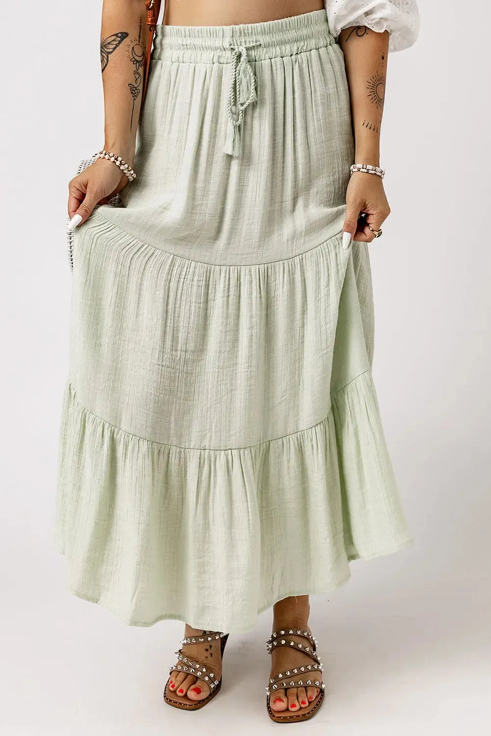 Green Tiered Drawstring Long Skirt