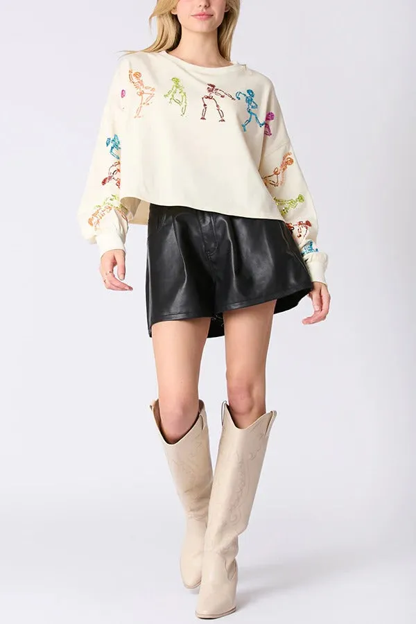 Halloween Skull Sequin Loose Crop Casual Sweatshirt