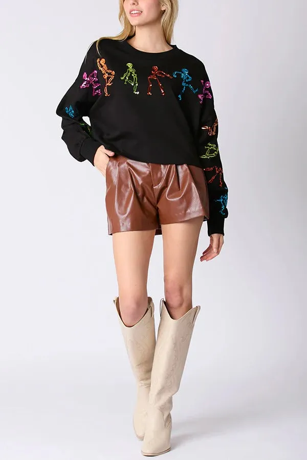 Halloween Skull Sequin Loose Crop Casual Sweatshirt