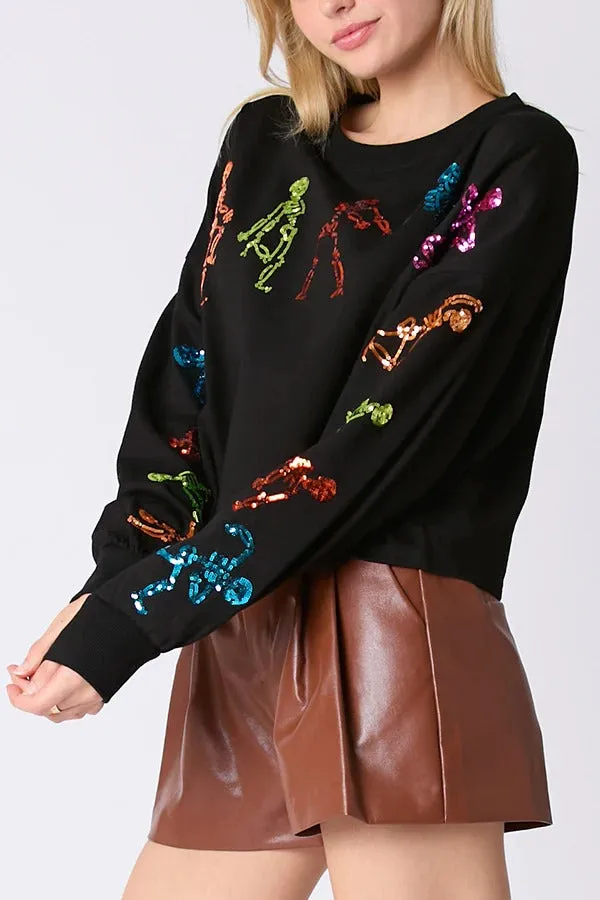 Halloween Skull Sequin Loose Crop Casual Sweatshirt