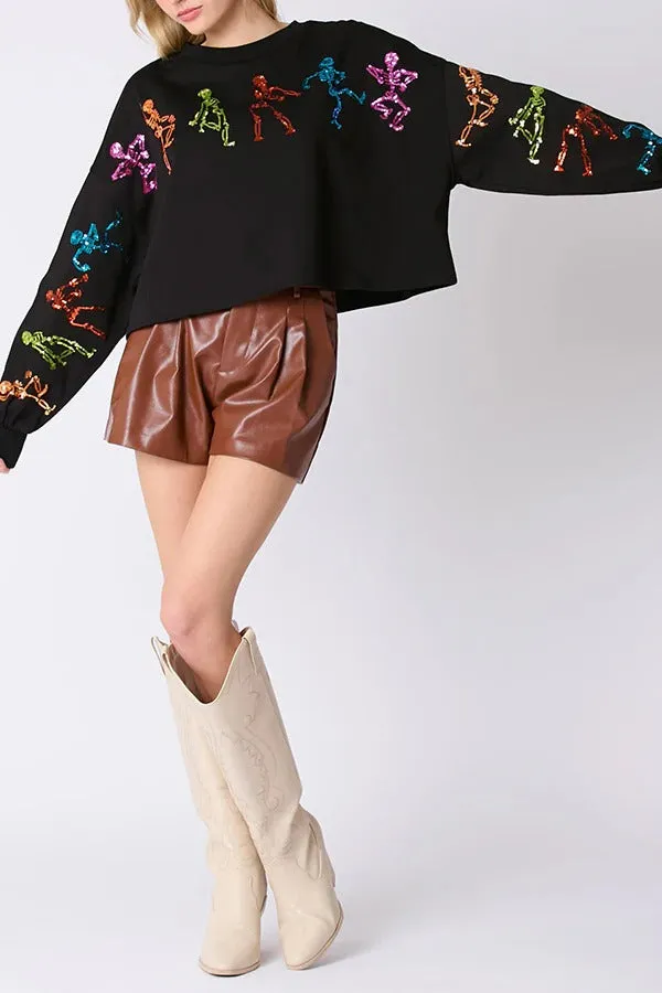 Halloween Skull Sequin Loose Crop Casual Sweatshirt