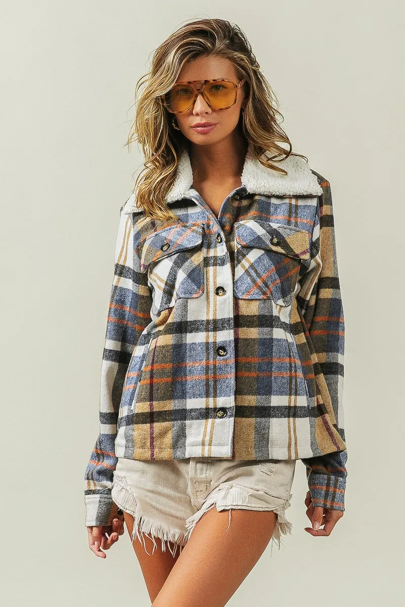 IP5753G-01 | VINTAGE PLAID SHERPA COLLARED JACKET WITH POCKET
