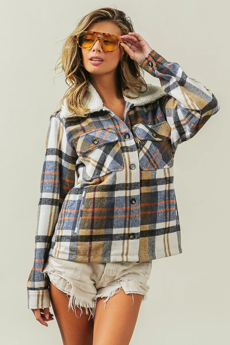 IP5753G-01 | VINTAGE PLAID SHERPA COLLARED JACKET WITH POCKET