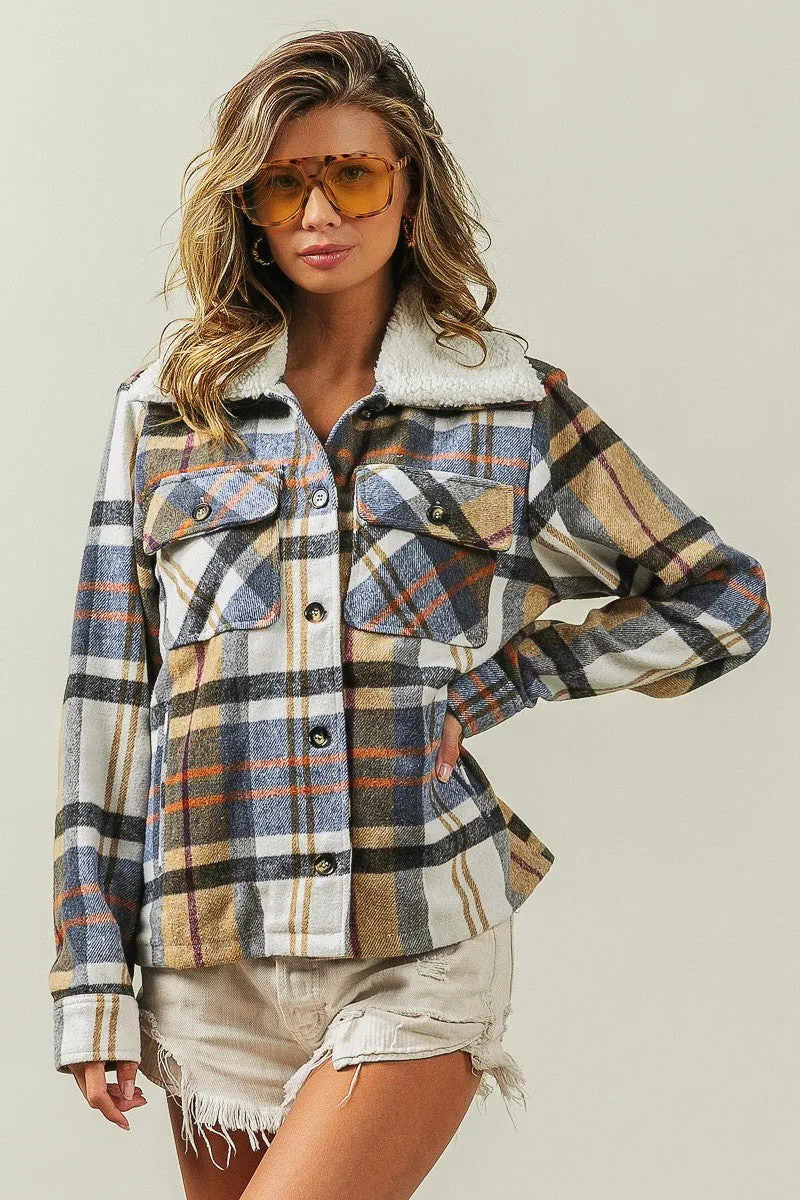 IP5753G-01 | VINTAGE PLAID SHERPA COLLARED JACKET WITH POCKET