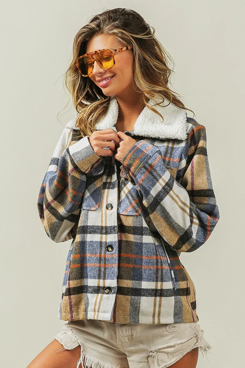 IP5753G-01 | VINTAGE PLAID SHERPA COLLARED JACKET WITH POCKET