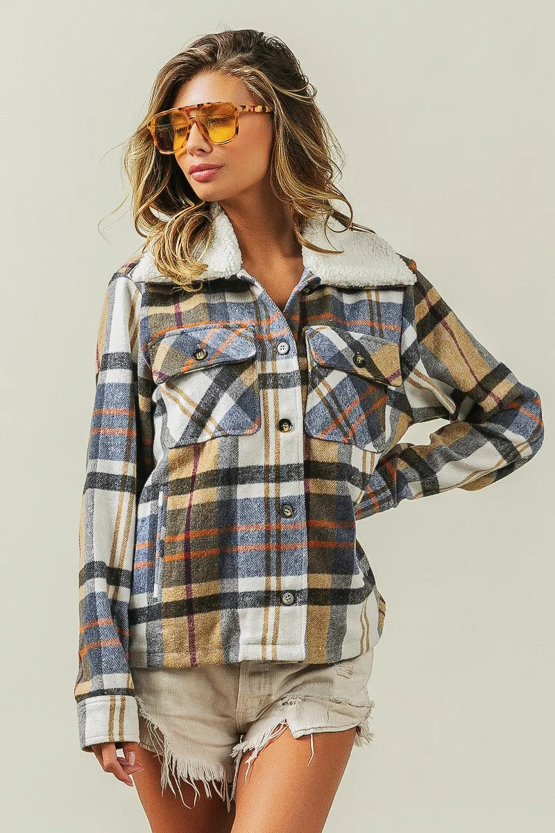 IP5753G-01 | VINTAGE PLAID SHERPA COLLARED JACKET WITH POCKET