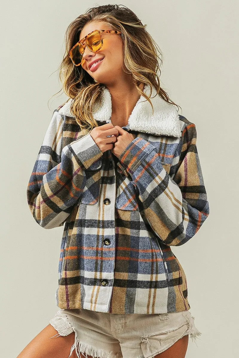 IP5753G-01 | VINTAGE PLAID SHERPA COLLARED JACKET WITH POCKET