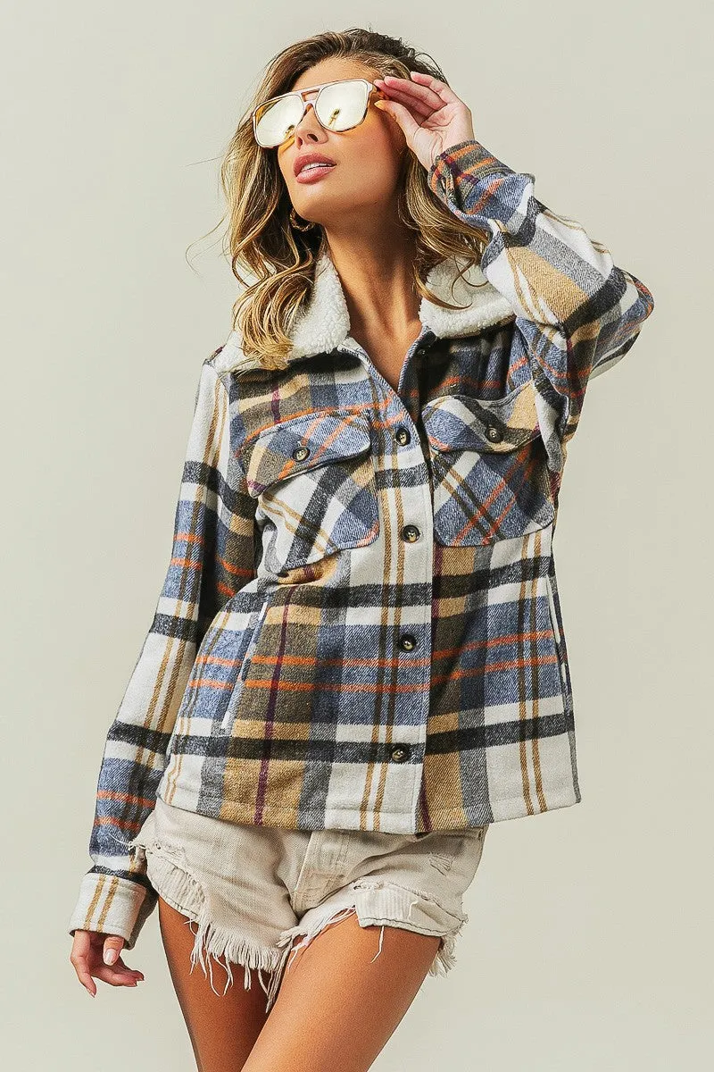 IP5753G-01 | VINTAGE PLAID SHERPA COLLARED JACKET WITH POCKET