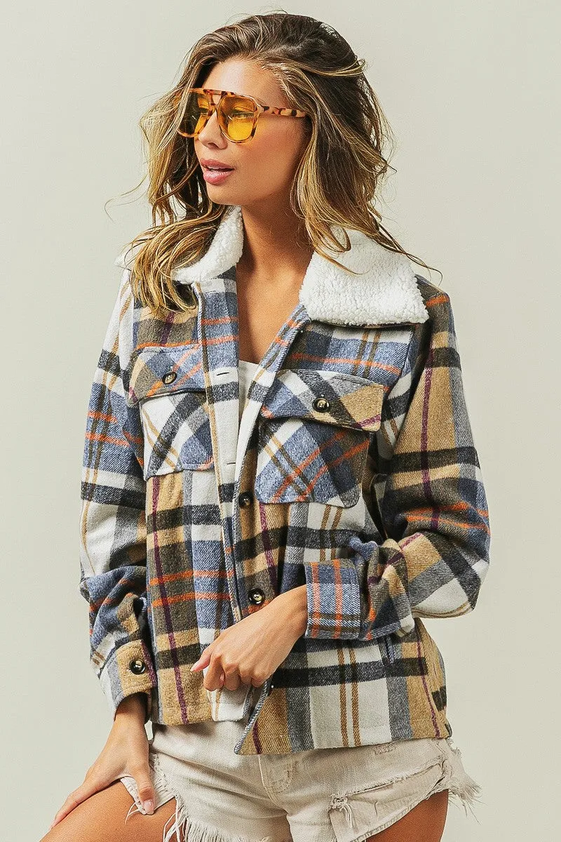 IP5753G-01 | VINTAGE PLAID SHERPA COLLARED JACKET WITH POCKET