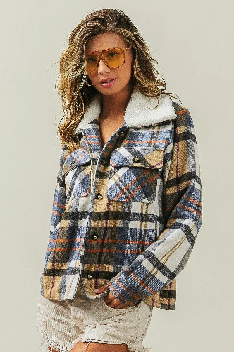 IP5753G-01 | VINTAGE PLAID SHERPA COLLARED JACKET WITH POCKET