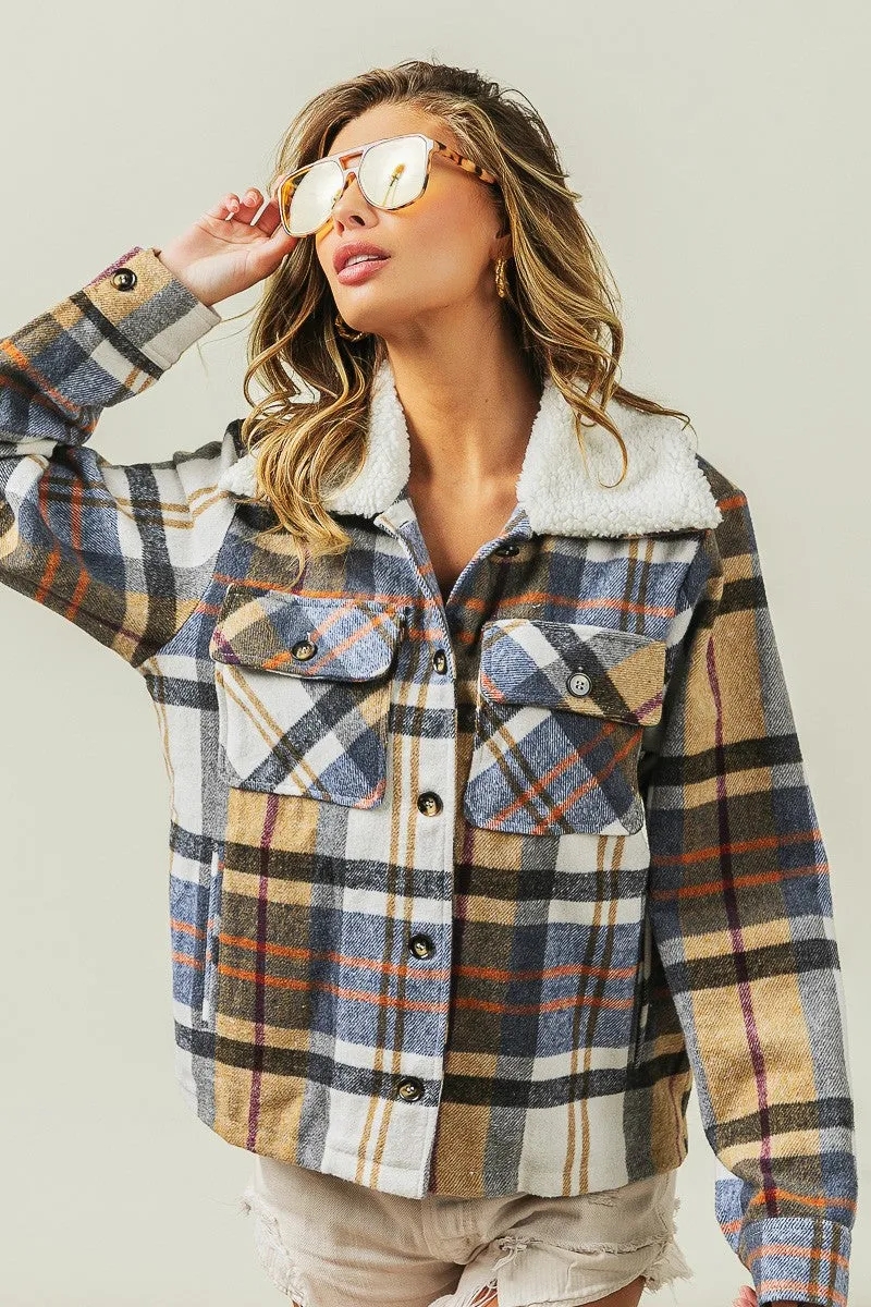 IP5753G-01 | VINTAGE PLAID SHERPA COLLARED JACKET WITH POCKET