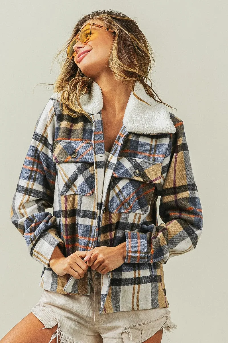 IP5753G-01 | VINTAGE PLAID SHERPA COLLARED JACKET WITH POCKET
