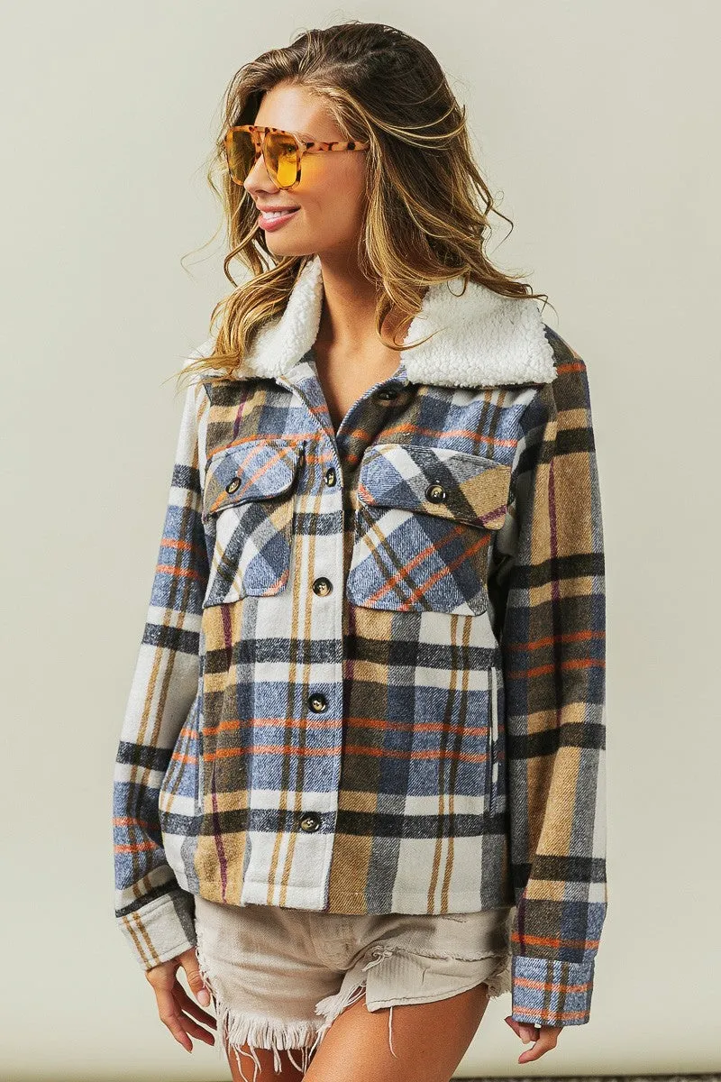IP5753G-01 | VINTAGE PLAID SHERPA COLLARED JACKET WITH POCKET