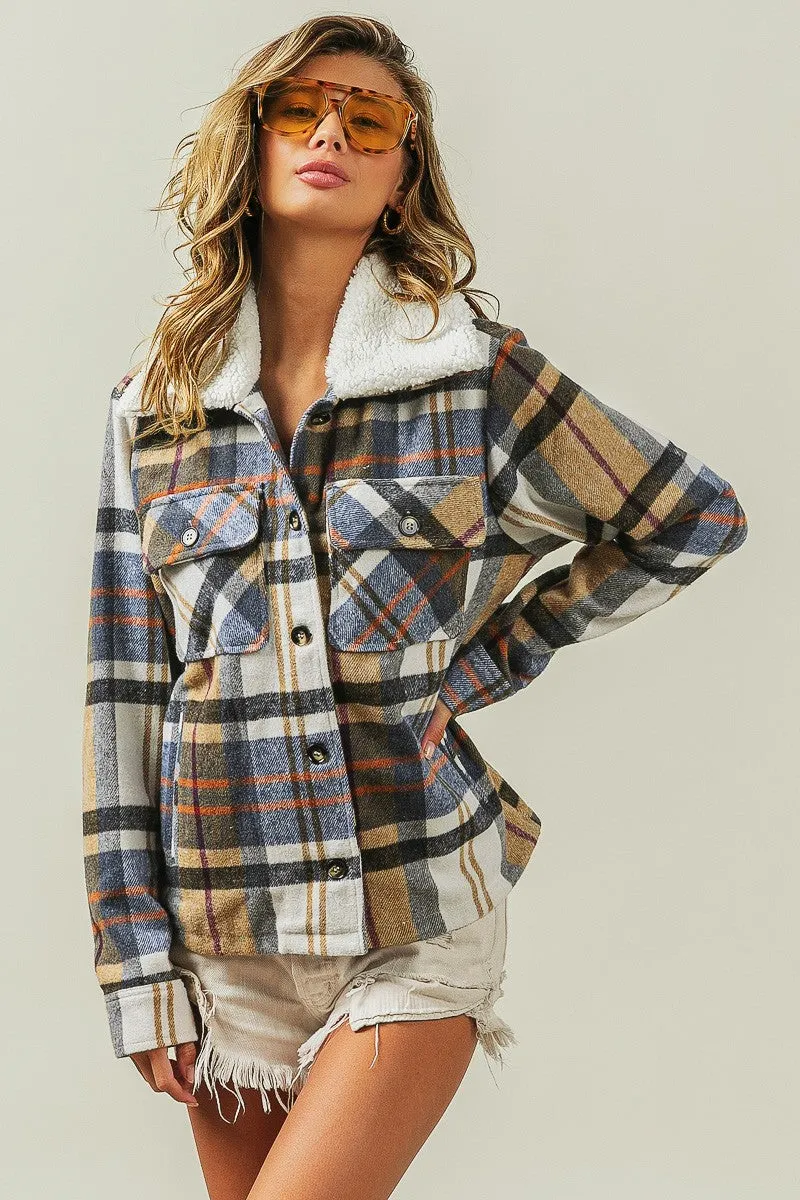 IP5753G-01 | VINTAGE PLAID SHERPA COLLARED JACKET WITH POCKET