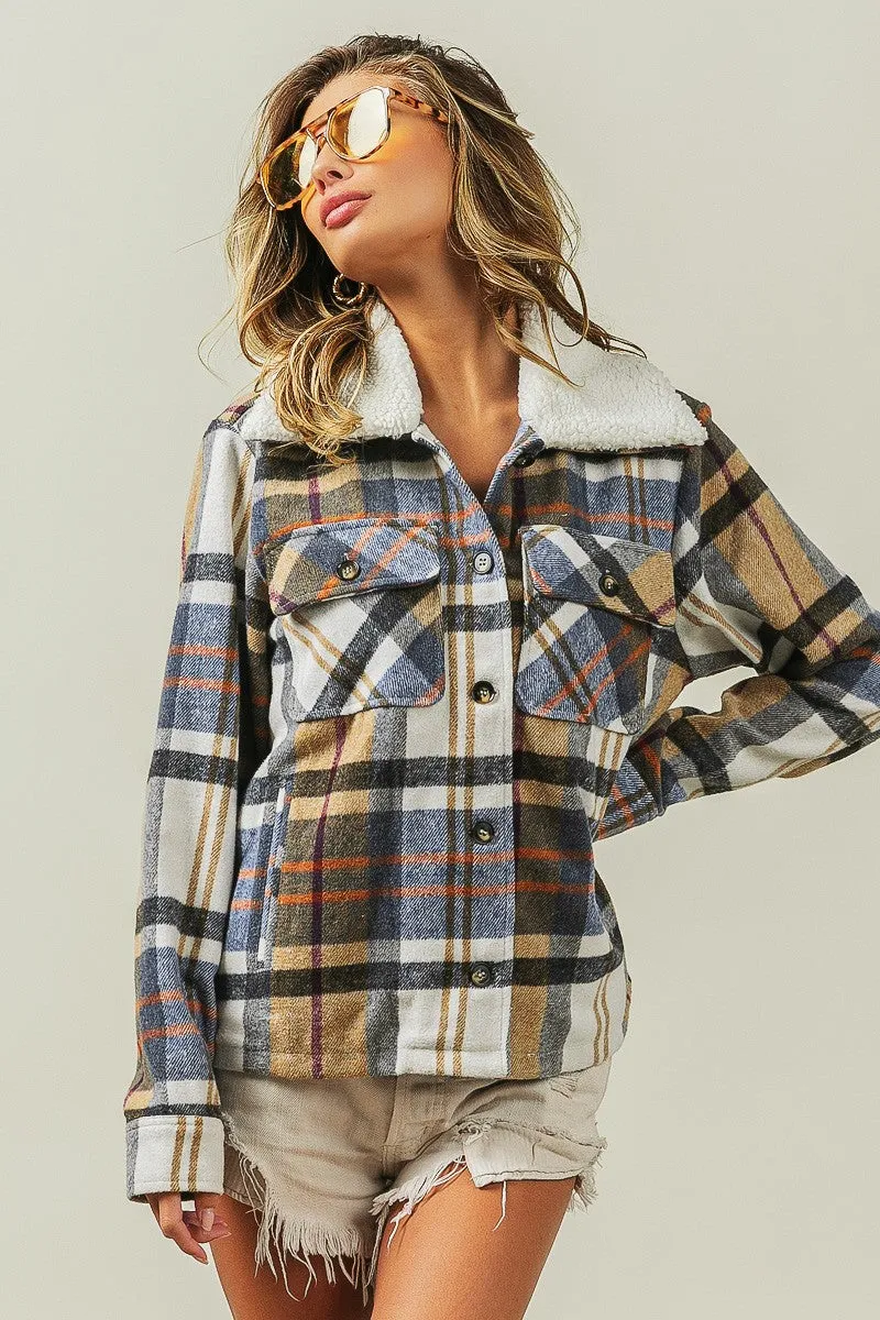 IP5753G-01 | VINTAGE PLAID SHERPA COLLARED JACKET WITH POCKET