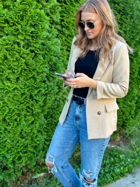 Khaki Double Breasted Cuffed Sleeve Blazer