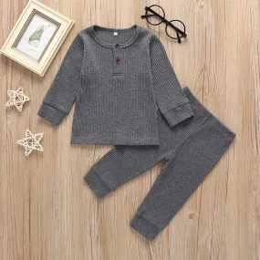 Kids Ribbed Henley Pajama Set Dark Grey - Oolaa