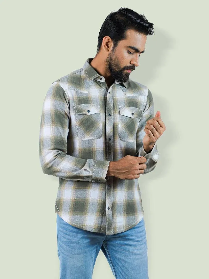 Men's Flannel in Olive Window Plate Casual Full Sleeve Casual Shirt