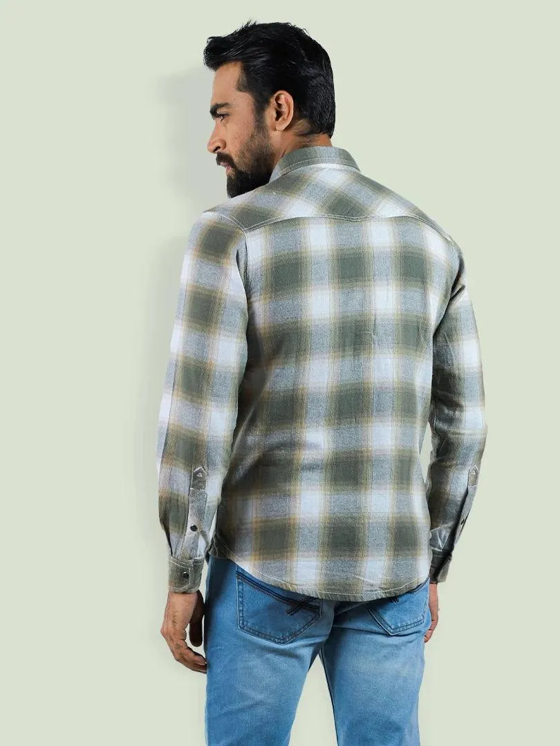 Men's Flannel in Olive Window Plate Casual Full Sleeve Casual Shirt