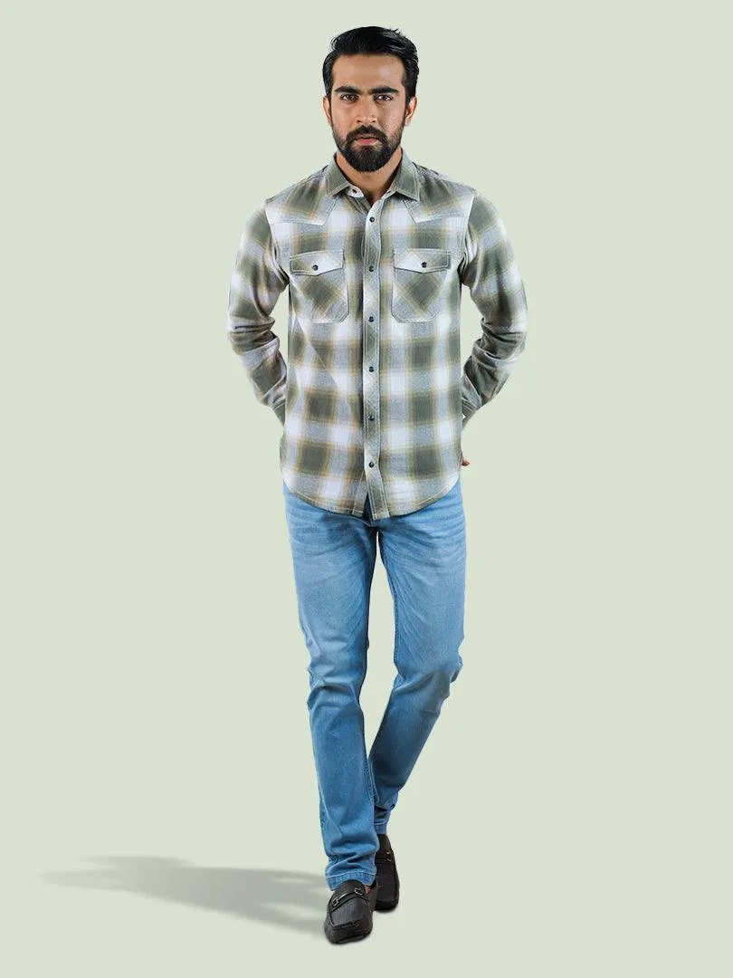 Men's Flannel in Olive Window Plate Casual Full Sleeve Casual Shirt