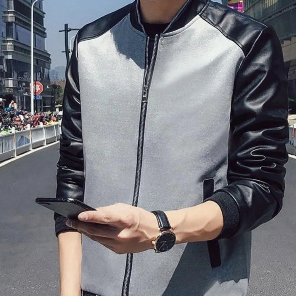 Mens Short Jacket with PU Leather Sleeves