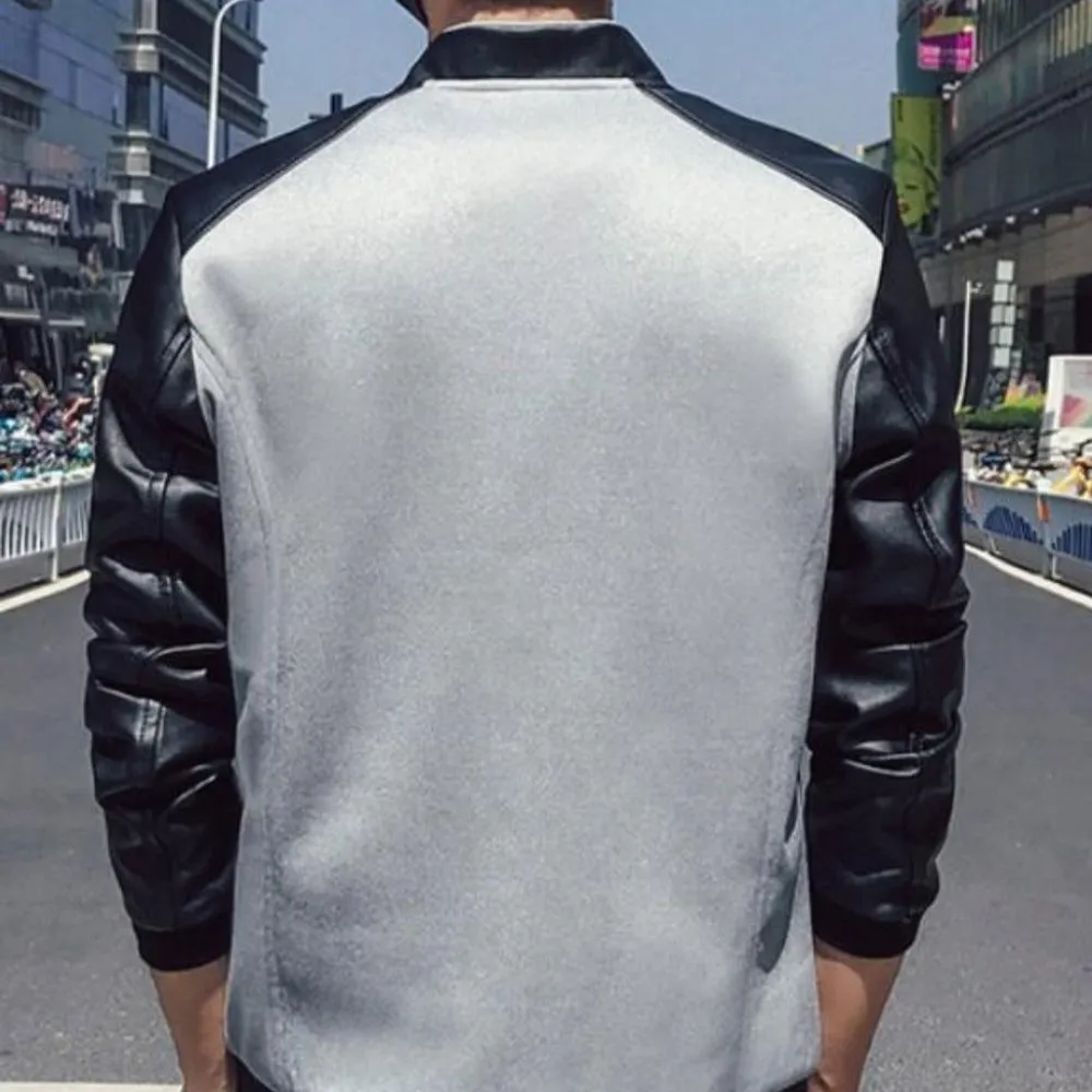 Mens Short Jacket with PU Leather Sleeves