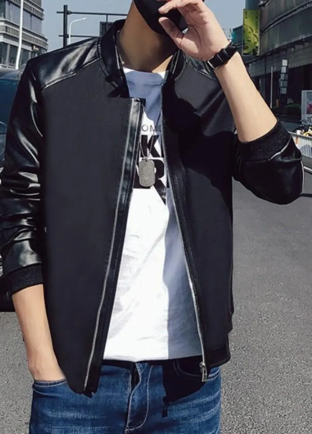 Mens Short Jacket with PU Leather Sleeves