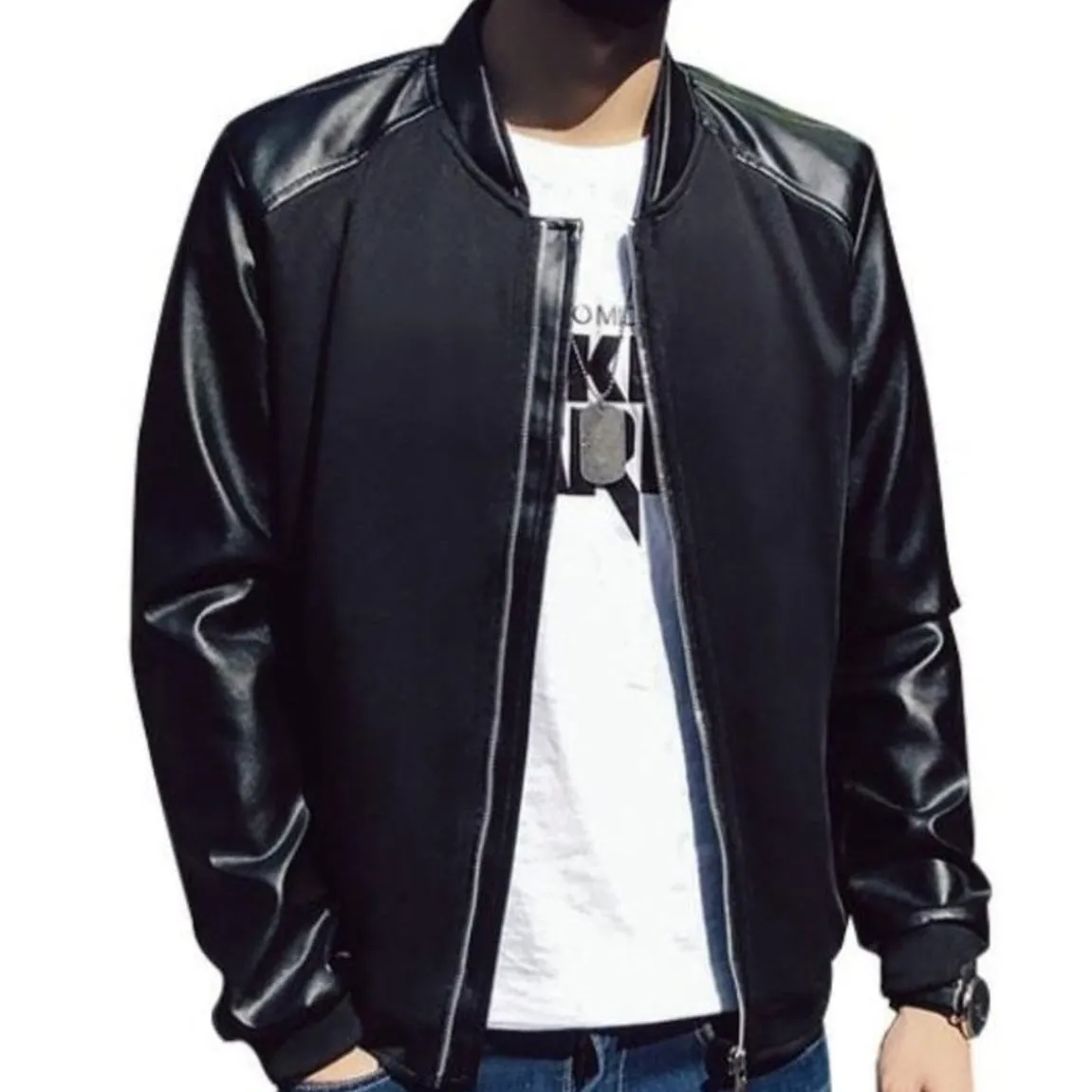 Mens Short Jacket with PU Leather Sleeves