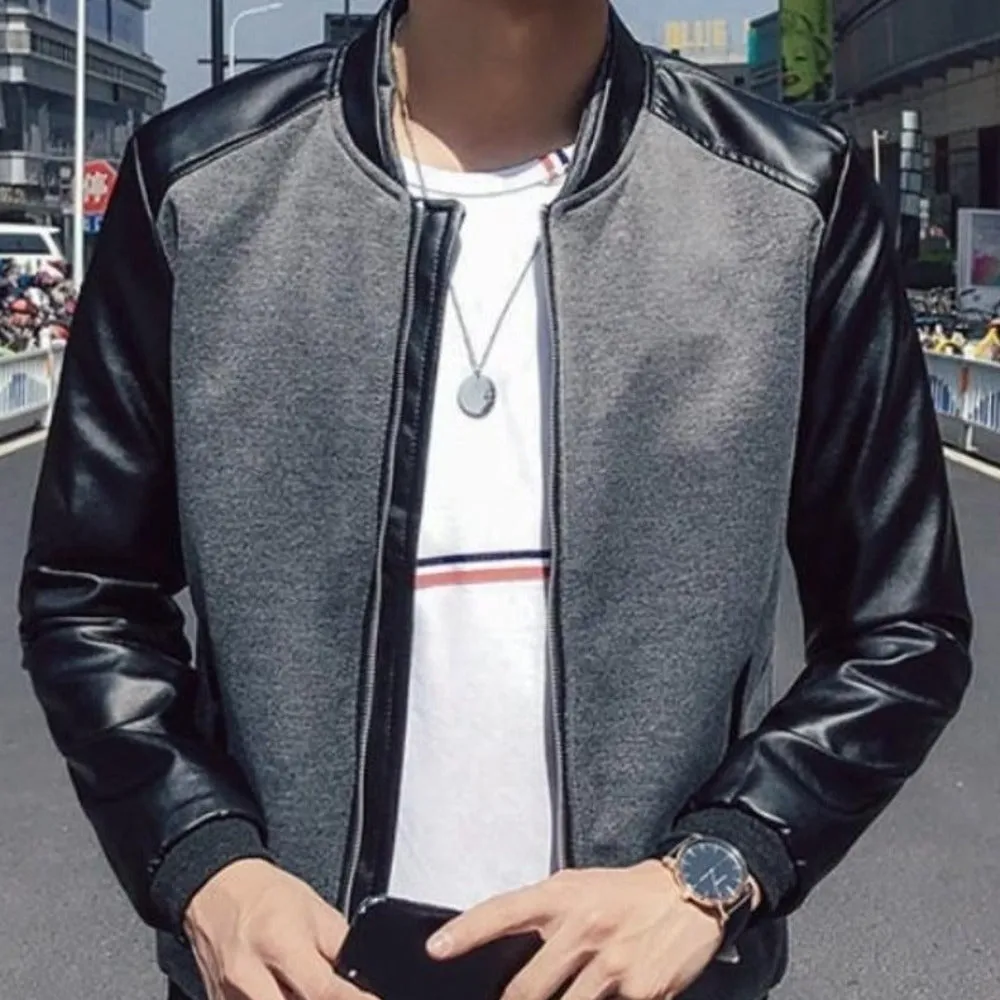 Mens Short Jacket with PU Leather Sleeves