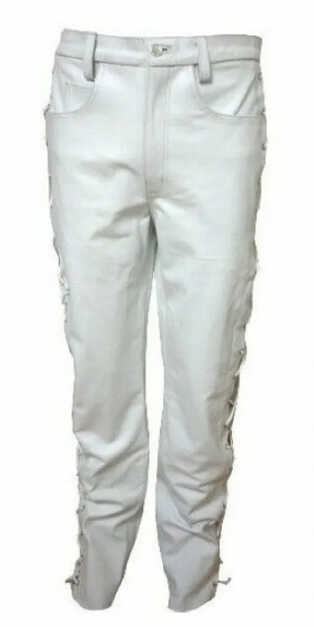 Men's White Genuine Leather Laced up trouser pants