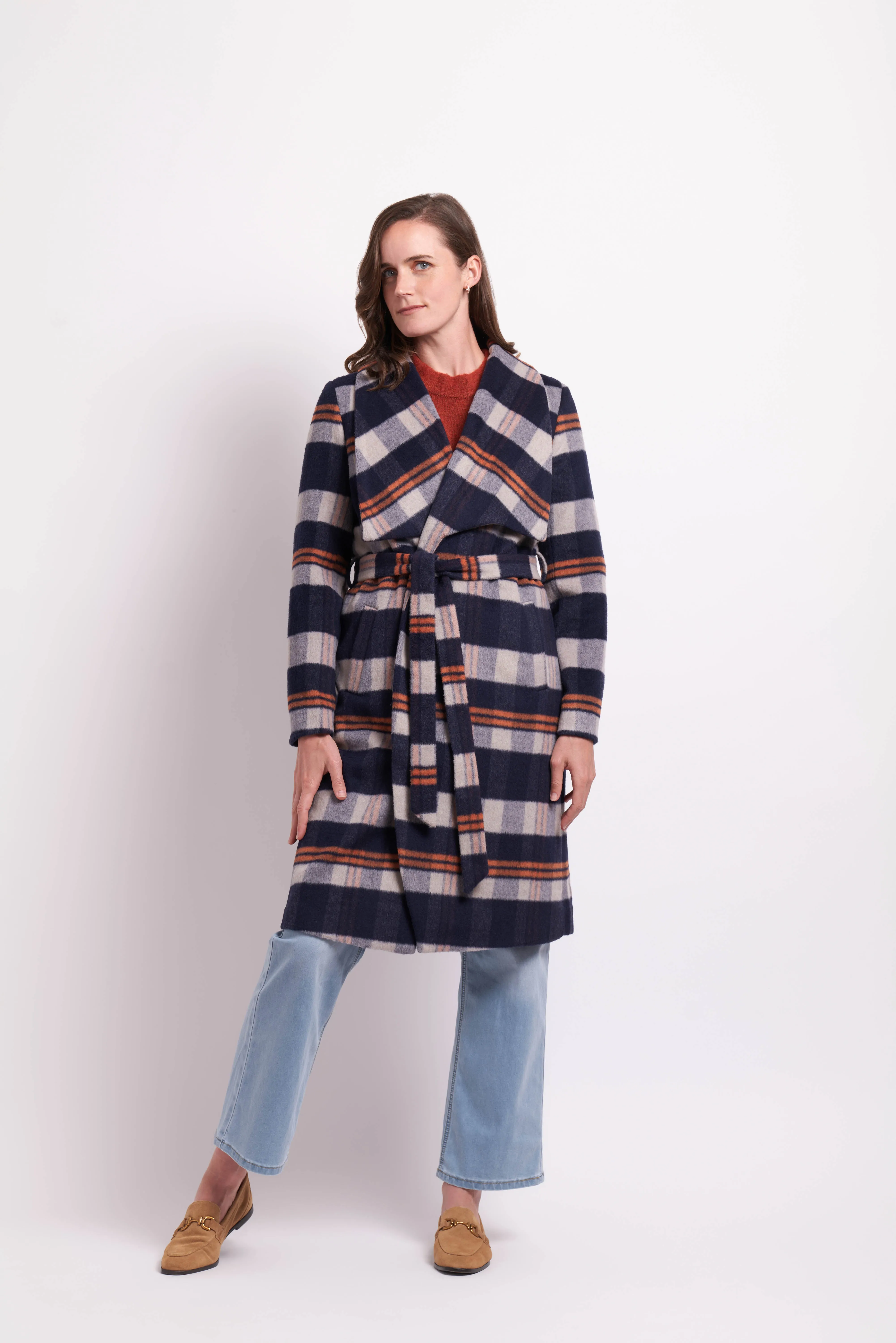 Oh3 Tie Detail Coat TP14437 - Navy/Oat Check