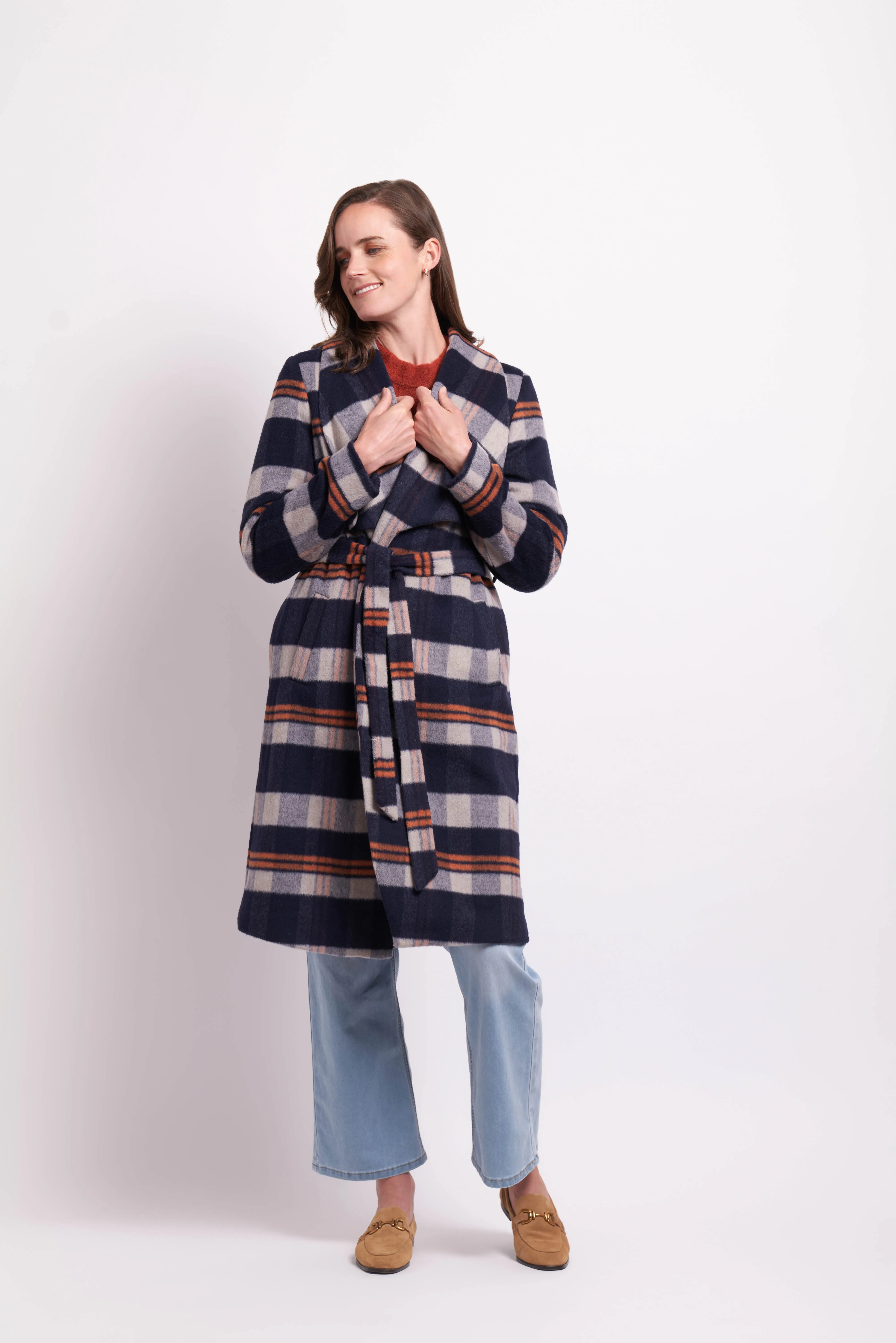 Oh3 Tie Detail Coat TP14437 - Navy/Oat Check