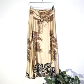Palm print viscose rayon mix satin feel skirt with flower boarder with half elasticated waist and tie front (M-L)