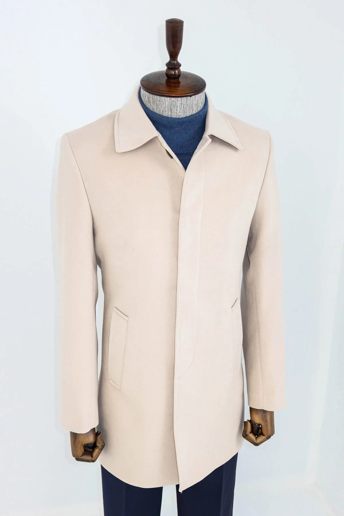 Plain Hidden Button Beige Men Coat - Wessi