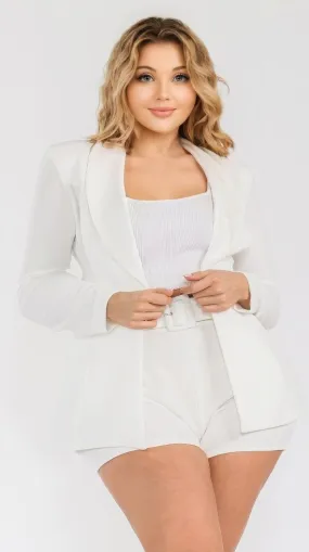 Voluptuous ( ) Plus Solid Blazer 2 Piece Belted Plus Size Short Set