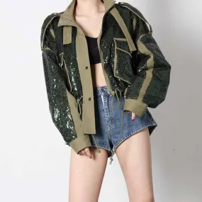 Womens Sequin Jacket Casual Long Sleeve Front Zip Bomber Blazer with Pockets
