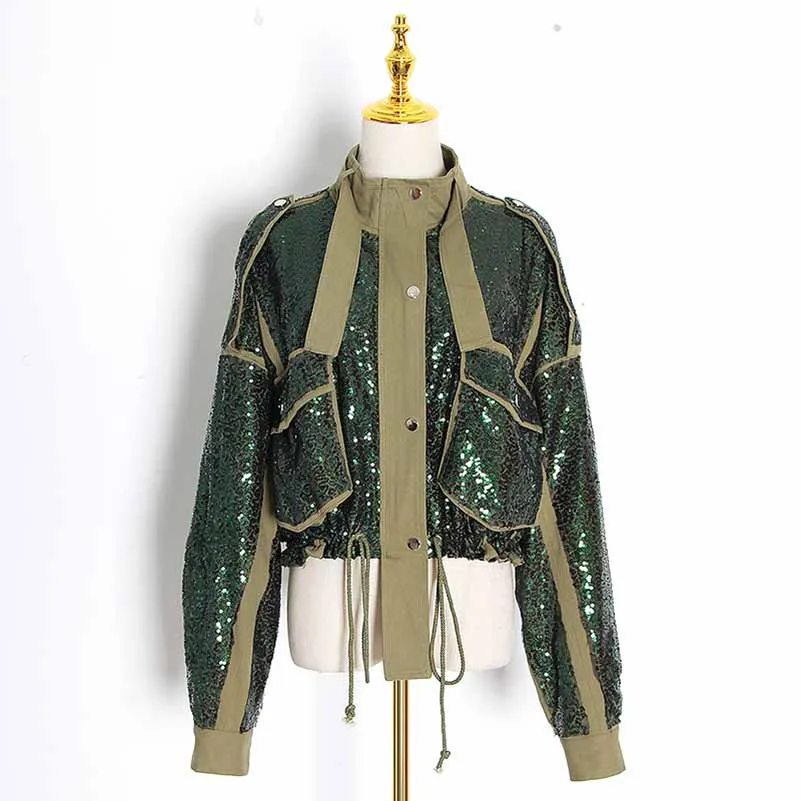 Womens Sequin Jacket Casual Long Sleeve Front Zip Bomber Blazer with Pockets