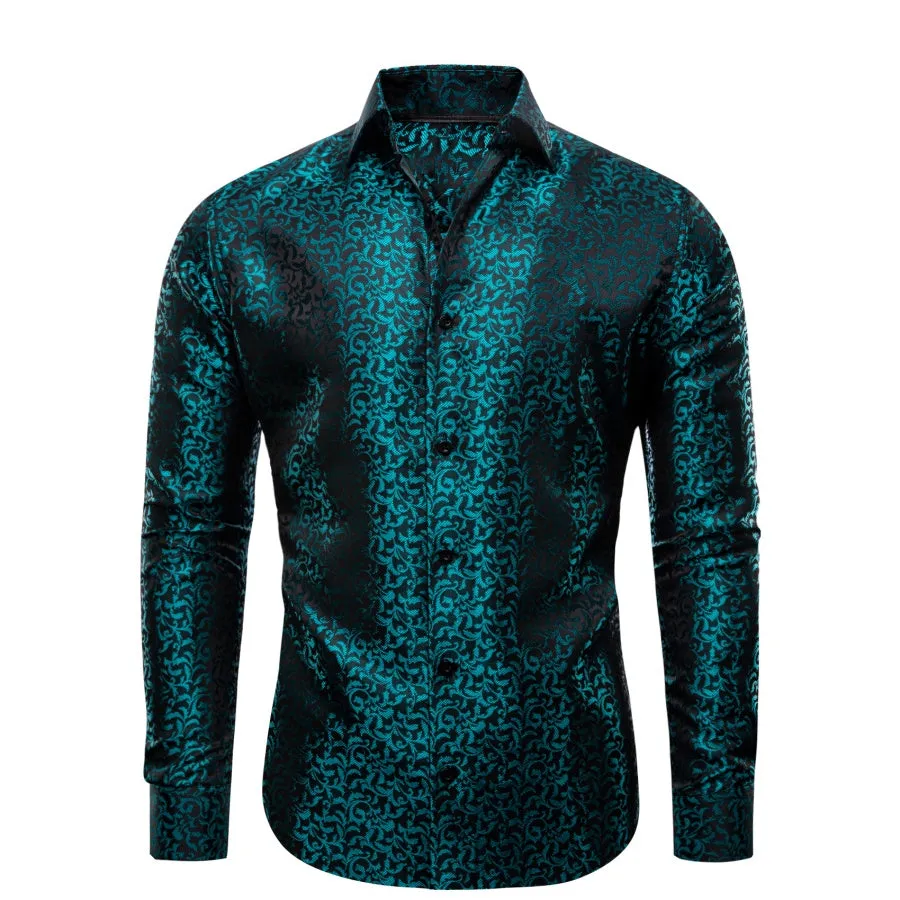 YourTies Teal Green Nile Blue Black Floral Leaf Mens Long Sleeve Shirt