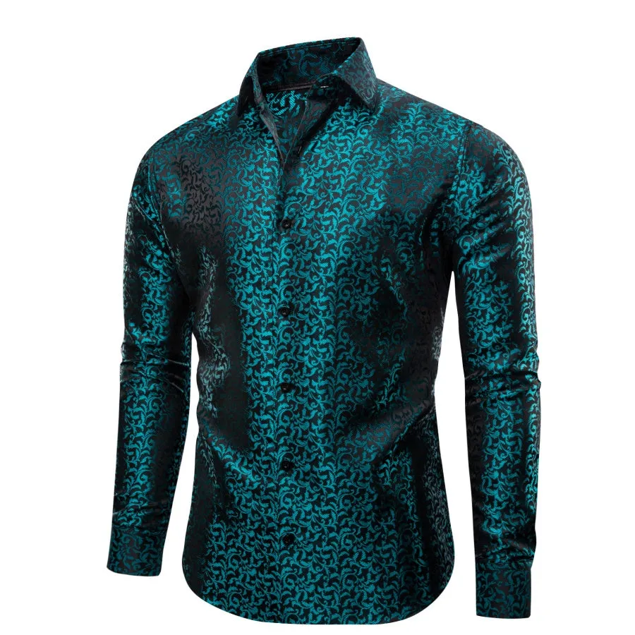 YourTies Teal Green Nile Blue Black Floral Leaf Mens Long Sleeve Shirt